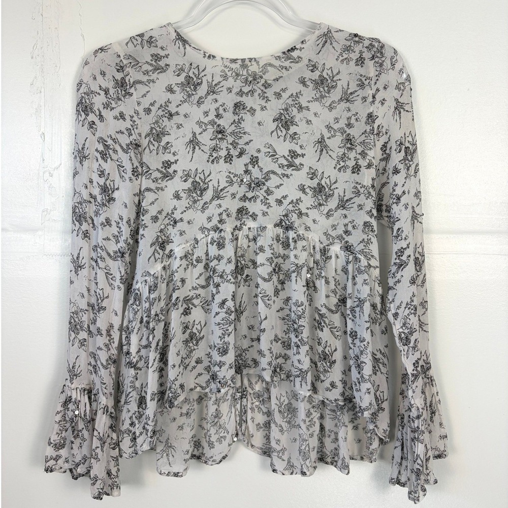 Zara Basic Floral Sequin Peplum Blouse Sheer Bell Sleeve Button Back White XS